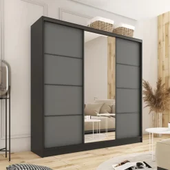 Szafy Trzydrzwiowe|Szafy Do Przedpokoju></noscript>BROMARKT Szafa przesuwna z lustrem do sypialni 200 cm LOFT grafit