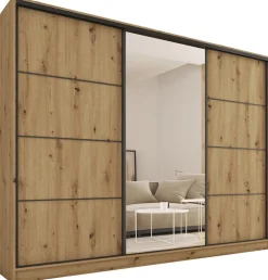 Zestawy Mebli Do Przedpokoju|Szafy Trzydrzwiowe>BROMARKT Szafa przesuwna z lustrem 280 cm z półkami i drążkami LOFT MAX dąb artisan