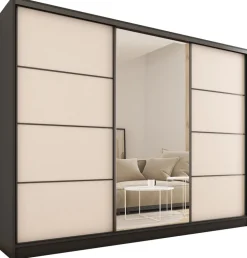 Szafy Trzydrzwiowe|Szafy Do Przedpokoju>BROMARKT Szafa przesuwna z lustrem 280 cm z półkami LOFT MAX beż piaskowy