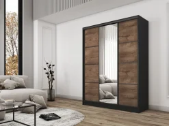 Szafy Trzydrzwiowe|Szafy Do Przedpokoju></noscript>BROMARKT Szafa przesuwna z lustrem 150 cm do sypialni BEST dąb lefkas