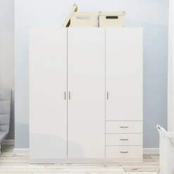 Meble Młodzieżowe|Szafy Trzydrzwiowe>INTER MEBLE Szafa trzydrzwiowa 146 cm do sypialni GENTIO z drążkiem i szufladami biała biały