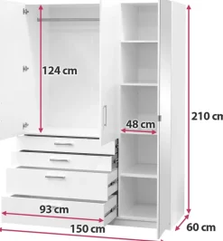 Meble Dla Dzieci|Szafy Trzydrzwiowe></noscript>Stolar Szafa uchylna z lustrem i szufladami biała 150 cm POLAR