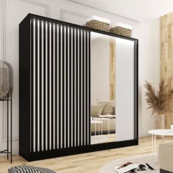 Zestawy Mebli Do Przedpokoju|Szafy Trzydrzwiowe></noscript>BROMARKT Szafa z czarnymi lamelami na drzwiach i lustrem 200 cm LAMEL 3D