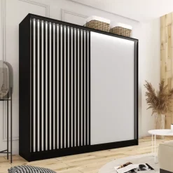 Zestawy Mebli Do Przedpokoju|Szafy Trzydrzwiowe></noscript>BROMARKT Szafa z czarnymi lamelami na drzwiach 200 cm LAMEL 3D