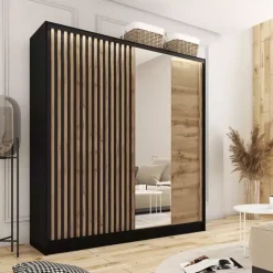 Zestawy Mebli Do Przedpokoju|Szafy Trzydrzwiowe></noscript>BROMARKT Szafa z lamelowymi drzwiami i lustrem 180 cm LAMEL 3D