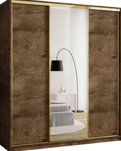Zestawy Mebli Do Przedpokoju|Szafy Trzydrzwiowe>BROMARKT Szafa z lustrem do sypialni 180 cm GOLD NEW dąb lefkas