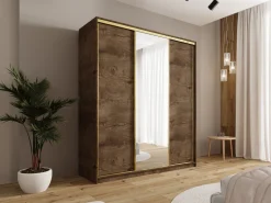 Zestawy Mebli Do Przedpokoju|Szafy Trzydrzwiowe></noscript>BROMARKT Szafa z lustrem do sypialni 180 cm GOLD NEW dąb lefkas