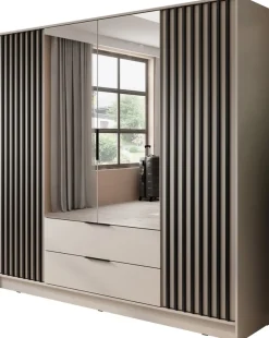 Meble Młodzieżowe|Zestawy Mebli Do Przedpokoju>PIASKI Szafa z lustrem i półkami 206 cm do sypialni KELLY kaszmir