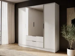 Szafy Do Przedpokoju|Szafy Do Salonu></noscript>PIASKI Szafa z lustrem i półkami do sypialni 206 cm KAMIS kaszmir