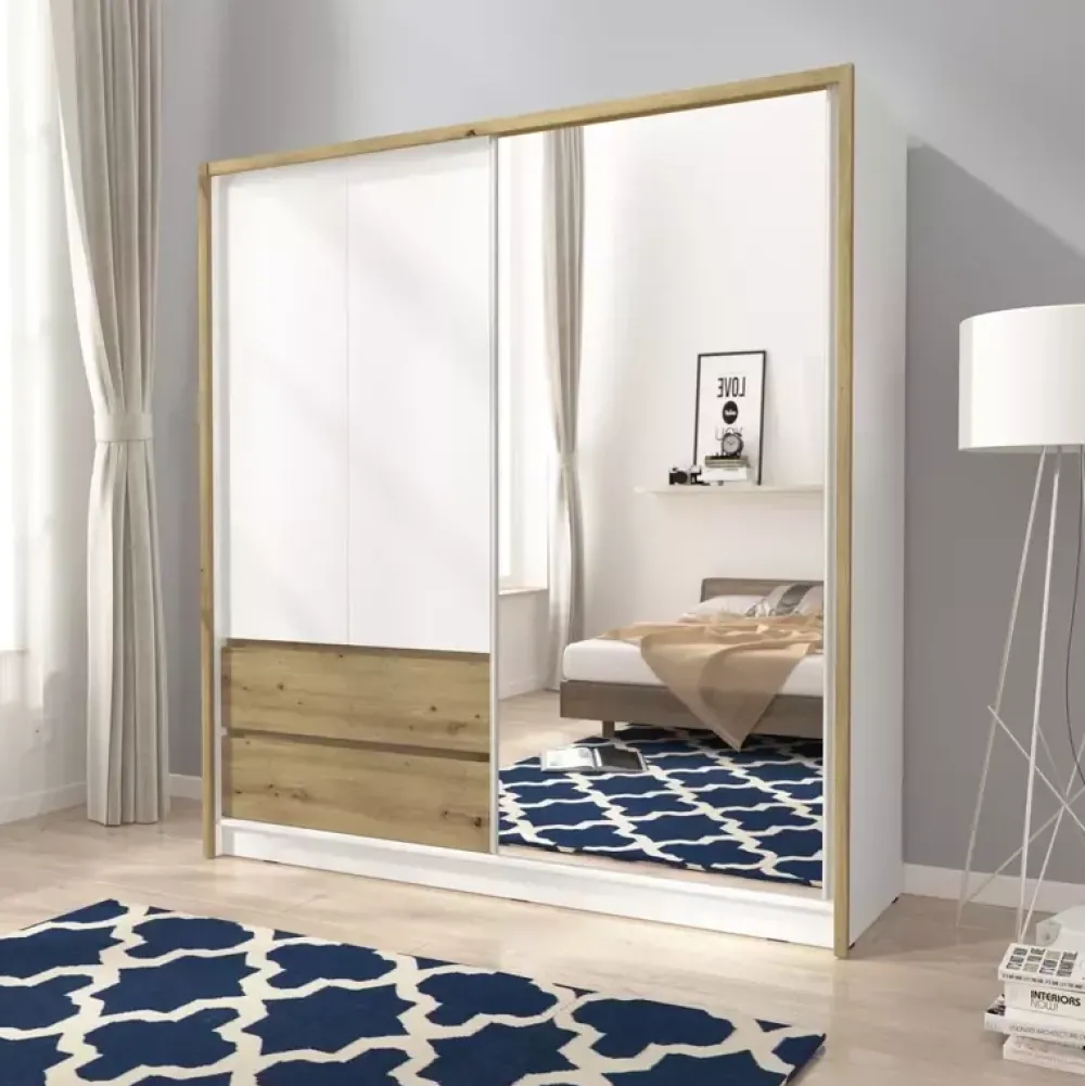 Szafy Z Lustrem|Szafy Przesuwne>PIASKI Szafa z szufladami 200 cm dąb artisan MALTA