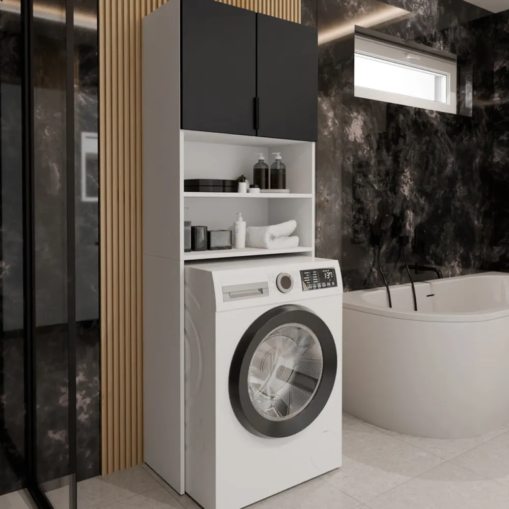 Szafki Łazienkowe>KIER Szafka nad pralkę 64 cm biało czarna TREMO PLUS