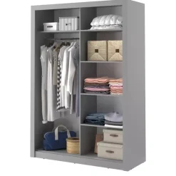 Szafy Przesuwne></noscript>lenart. Szara szafa przesuwna z lustrem 150 cm półki drążek ARTI szary