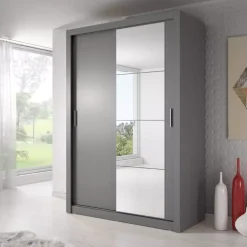 Szafy Przesuwne></noscript>lenart. Szara szafa przesuwna z lustrem 150 cm półki drążek ARTI szary