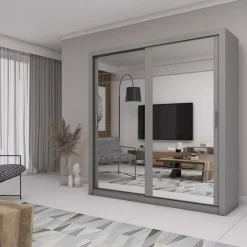 Zestawy Mebli Do Sypialni|Szafy Dwudrzwiowe></noscript>lenart. Szara szafa przesuwna z półkami 200 cm lustro ARTI szary