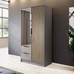 Meble Młodzieżowe|Zestawy Mebli Do Przedpokoju></noscript>PIASKI Szara szafa z lustrem KELLY