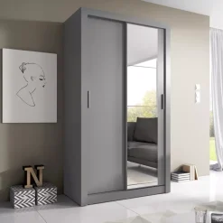 Zestawy Mebli Do Sypialni|Szafy Dwudrzwiowe></noscript>lenart. Szara szafa z półkami 120 cm drzwi przesuwne lustro ARTI szary