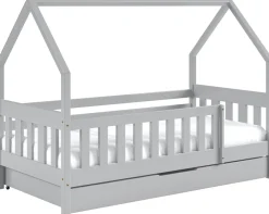 Łóżka Dziecięce|Łóżka Ze Stelażem>Meblomal Szare łóżko domek z drewna sosnowego z szufladą i barierką 80x190 cm MELANIA szary