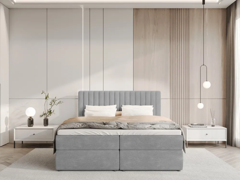 Łóżka Małżeńskie|Łóżka Ze Stelażem>BROMARKT Szare łóżko kontynentalne 160x200 cm z pojemnikiem na pościel DREAM
