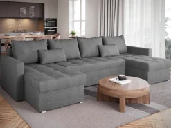 Narożniki></noscript>BROMARKT Szary duży narożnik z funkcją spania i pojemnikiem do salonu HOT U