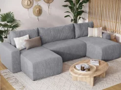 Narożniki></noscript>BROMARKT Szary duży narożnik z funkcją spania do salonu PLUSH U sztruks