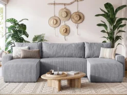 Narożniki></noscript>BROMARKT Szary duży narożnik z funkcją spania do salonu PLUSH U sztruks