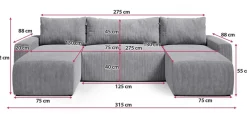 Narożniki></noscript>BROMARKT Szary duży narożnik z funkcją spania do salonu PLUSH U sztruks