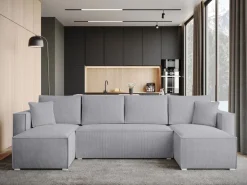 Narożniki></noscript>BROMARKT Szary narożnik z funkcją spania TOP U sztruks pojemnik na pościel