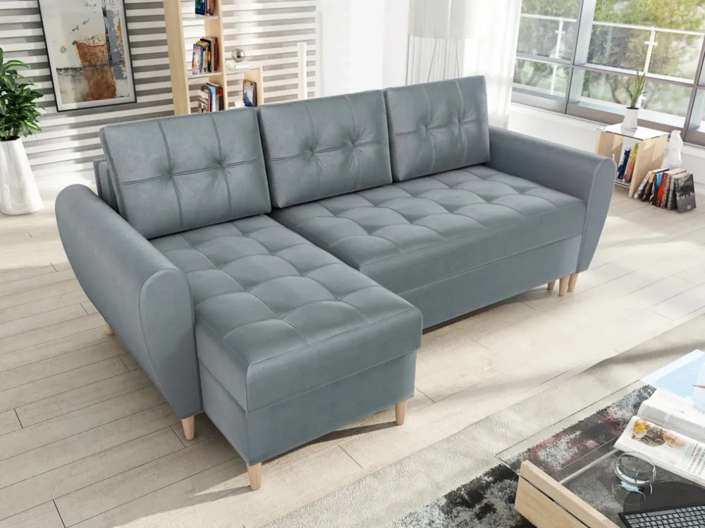 Narożniki>IZABELLA MEBLE Szary narożnik z funkcją spania i pojemnikiem do salonu HENRY