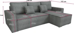 Narożniki></noscript>IZABELLA MEBLE Szary nowoczesny narożnik sztruksowy z funkcją spania DEXTER