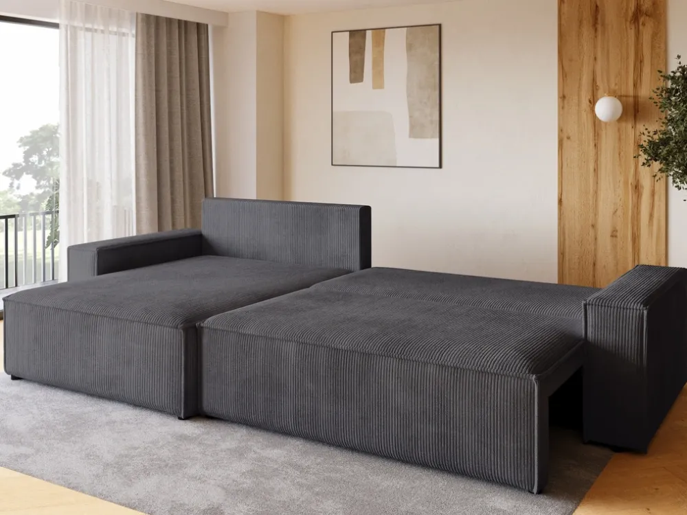 Narożniki>BROMARKT Szary sztruksowy narożnik z pojemnikiem i funkcją spania ADI XL