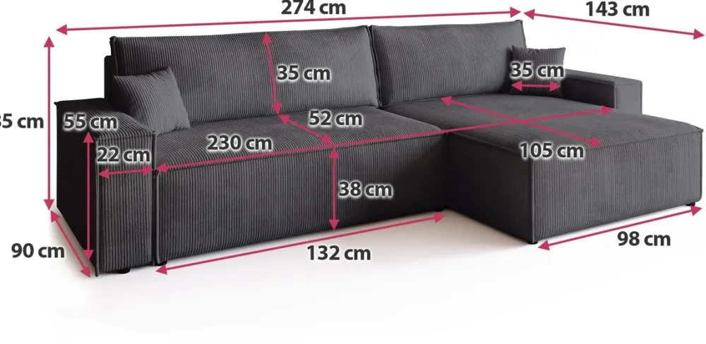 Narożniki>BROMARKT Szary sztruksowy narożnik z pojemnikiem i funkcją spania ADI XL