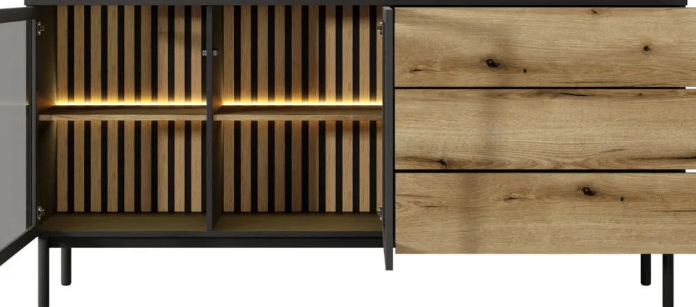 Zestawy Mebli Do Salonu|Komody>LASKI Szeroka loftowa komoda na nóżkach z szufladami 180 cm LARINO