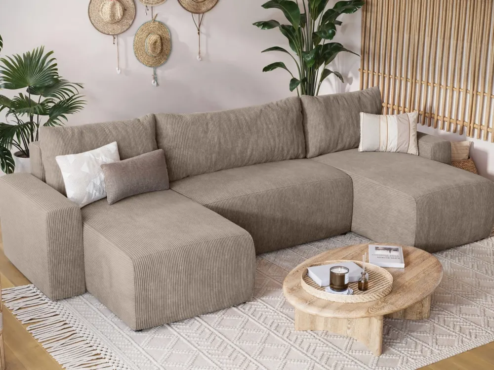 Narożniki>BROMARKT Sztruksowa kanapa narożna z funkcją spania PLUSH U beż