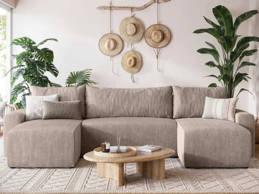 Narożniki>BROMARKT Sztruksowa kanapa narożna z funkcją spania PLUSH U beż