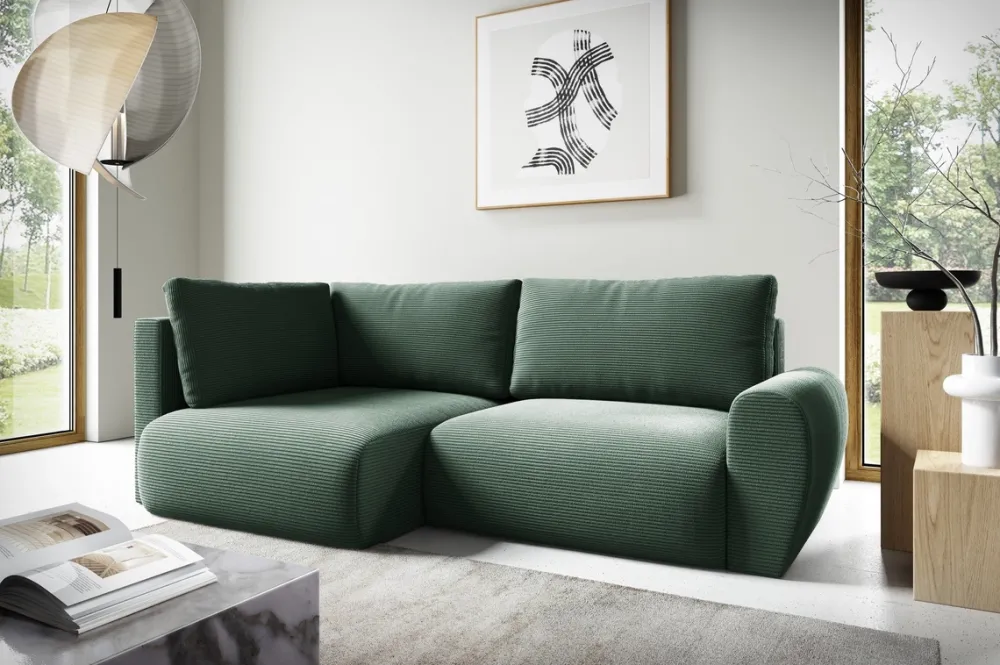 Narożniki>BROMARKT Sztruksowa nowoczesna kanapa narożna z funkcją spania zielona PATI DUO