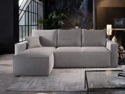 Meble Dla Dzieci|Narożniki></noscript>NEXT COLLECTION Sztruksowa szara kanapa rogowa z funkcja spania ZULA poduchy