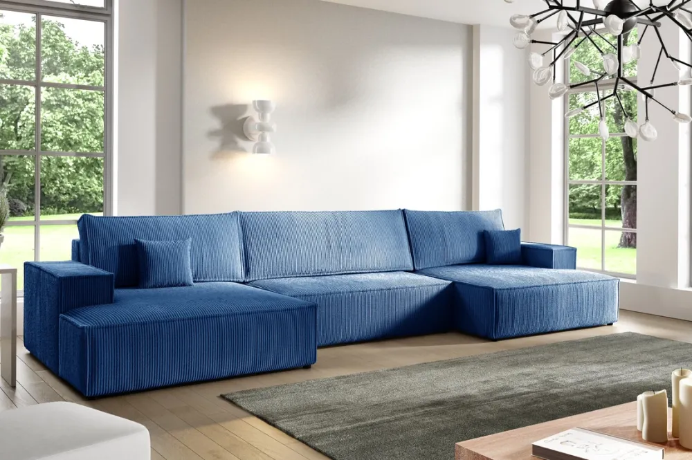 Narożniki>BROMARKT Sztruksowy narożnik z funkcją spania do salonu niebieski duży PABLO