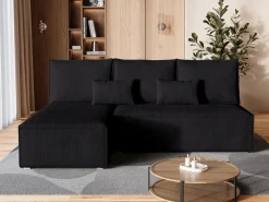 Meble Dla Dzieci|Meble Młodzieżowe></noscript>BROMARKT Sztruksowy rozkładany narożnik do salonu z funkcją spania czarny TOP SLIM