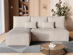 Meble Dla Dzieci|Meble Młodzieżowe></noscript>BROMARKT Sztruksowy rozkładany narożnik z funkcją spania mały TOP SLIM beżowy