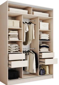 Szafy Trzydrzwiowe|Szafy Do Przedpokoju>BROMARKT Trzydrzwiowa beżowa szafa przesuwna z półkami 150 cm TOP MAX beż piaskowy