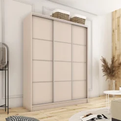 Szafy Trzydrzwiowe|Szafy Do Przedpokoju></noscript>BROMARKT Trzydrzwiowa beżowa szafa przesuwna z półkami 150 cm TOP MAX beż piaskowy