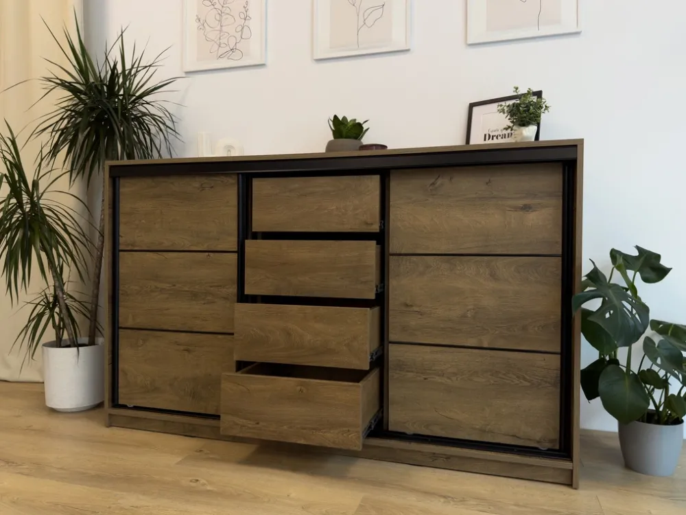 Komody>BROMARKT Trzydrzwiowa komoda przesuwna 160 cm z szufladami LOFT