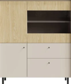 Witryny|Komody>MEBLAR Trzydrzwiowa komoda z witryną 103 cm i szufladami beż piaskowy dąb olejowany MALIVO