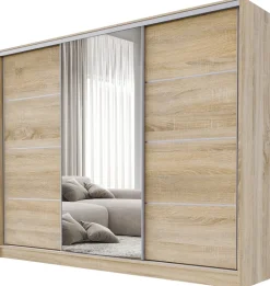 Zestawy Mebli Do Przedpokoju|Szafy Trzydrzwiowe>BROMARKT Trzydrzwiowa pojemna szafa przesuwna z lustrem 235 cm BEST dąb sonoma