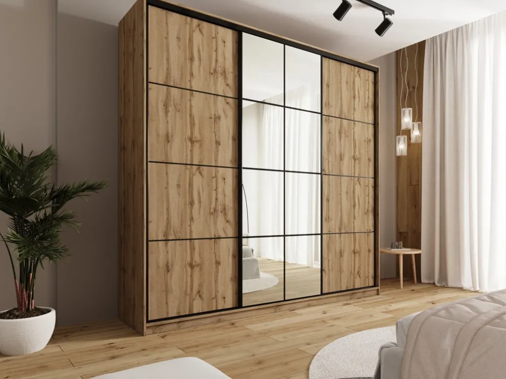 Zestawy Mebli Do Przedpokoju|Szafy Trzydrzwiowe>BROMARKT Trzydrzwiowa szafa przesuwna 250 cm z lustrem EDGE MAX dąb wotan