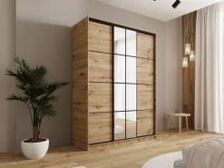 Zestawy Mebli Do Przedpokoju|Szafy Trzydrzwiowe></noscript>BROMARKT Trzydrzwiowa szafa przesuwna z lustrem 150 cm do sypialni EDGE dąb artisan