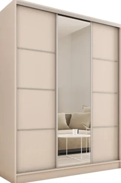 Zestawy Mebli Do Przedpokoju|Szafy Trzydrzwiowe>BROMARKT Trzydrzwiowa szafa przesuwna z lustrem 150 cm TOP MAX beż beż piaskowy