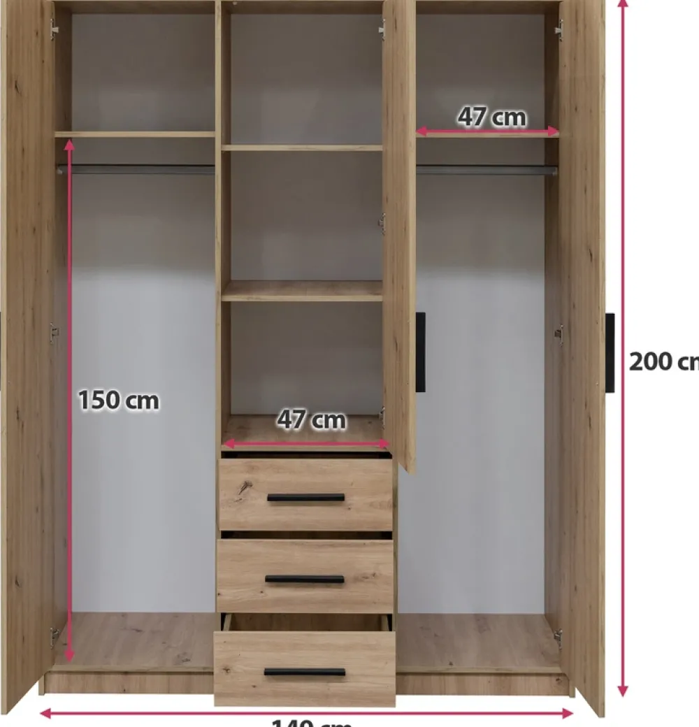 Meble Dla Dzieci|Szafy Trzydrzwiowe>Stolar Trzydrzwiowa szafa uchylna z szufladami i półkami 150 cm LANTE