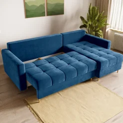 Meble Dla Dzieci|Meble Młodzieżowe></noscript>BROMARKT Welurowy granatowy narożnik z funkcją spania LIZBONA