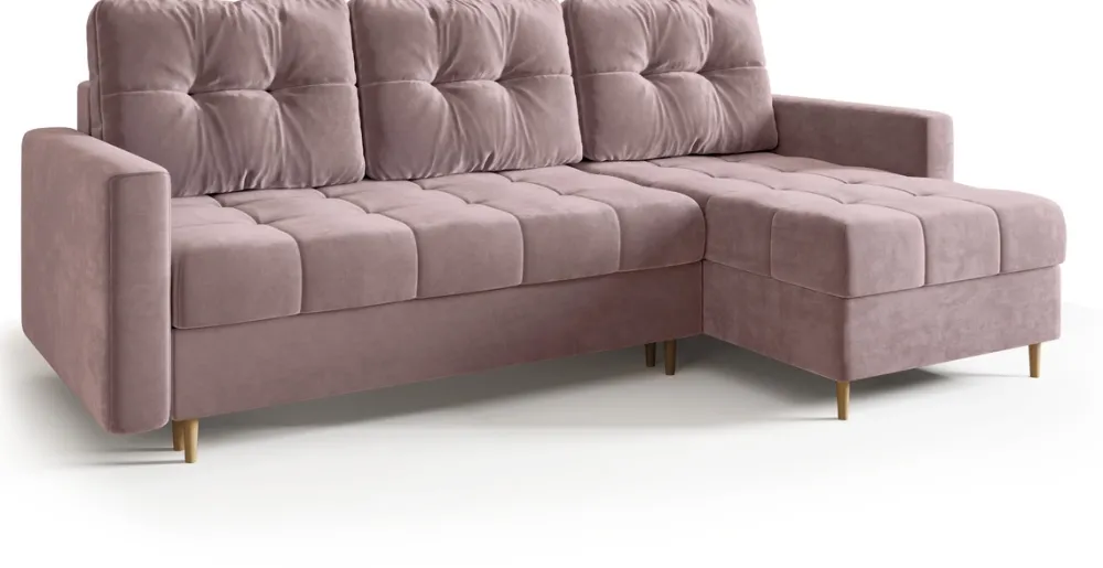 Meble Dla Dzieci|Meble Młodzieżowe>BROMARKT Welurowy różowy narożnik z funkcją spania i pojemnikiem na pościel LIZBONA